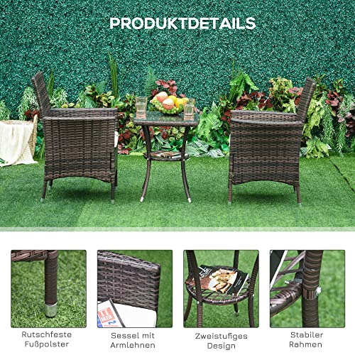 Outsunny Rattan Gartenmöbel Set mit Beistelltisch Bistroset 3-TLG. Balkonmöbel Set Rattan Gartenset Sitzgarnitur mit Sitzkissen Polyrattan + Stahl Braun 60 x 58,5 x 89,5 cm - 5