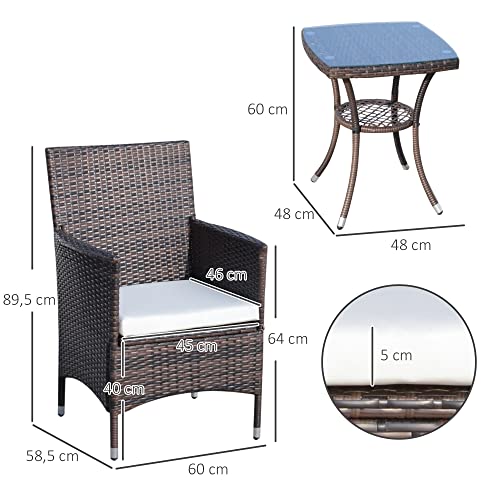Outsunny Rattan Gartenmöbel Set mit Beistelltisch Bistroset 3-TLG. Balkonmöbel Set Rattan Gartenset Sitzgarnitur mit Sitzkissen Polyrattan + Stahl Braun 60 x 58,5 x 89,5 cm - 3
