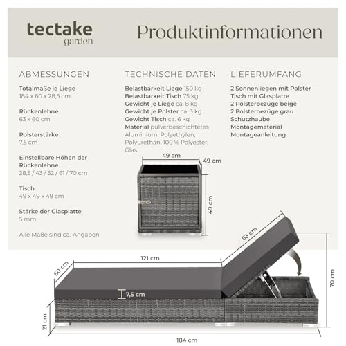 TecTake 403088 2er Set Aluminium Polyrattan Sonnenliege + Tisch, inkl. Schutzhüllen und 2 Bezugsets, Edelstahlschrauben, grau - 7