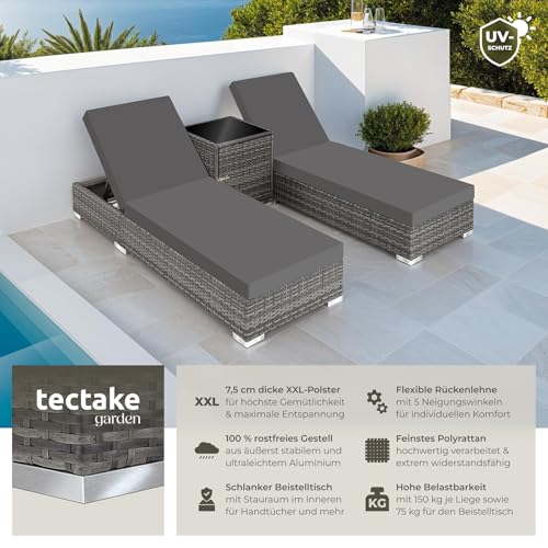TecTake 403088 2er Set Aluminium Polyrattan Sonnenliege + Tisch, inkl. Schutzhüllen und 2 Bezugsets, Edelstahlschrauben, grau - 2