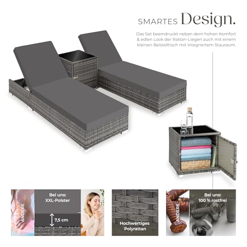 TecTake 403088 2er Set Aluminium Polyrattan Sonnenliege + Tisch, inkl. Schutzhüllen und 2 Bezugsets, Edelstahlschrauben, grau - 3