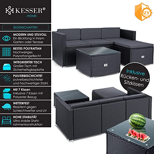 KESSER® Polyrattan Lounge Aruba - Gartenlounge für 3-4 Personen Gartenmöbel-Set Sitzgruppe aus 3er Gartensofa, Sessel, Hocker und Beistelltisch mit Sitzkissen - Garten, Terrasse, Balkon, Anthrazit - 2