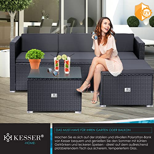 KESSER® Polyrattan Lounge Aruba - Gartenlounge für 3-4 Personen Gartenmöbel-Set Sitzgruppe aus 3er Gartensofa, Sessel, Hocker und Beistelltisch mit Sitzkissen - Garten, Terrasse, Balkon, Anthrazit - 3