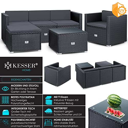 KESSER® Polyrattan Lounge Aruba - Gartenlounge für 4-5 Personen Gartenmöbel-Set Sitzgruppe aus 3er Gartensofa, Sessel, Hocker Beistelltisch mit Sitzkissen für Garten, Terrasse und Balkon, Anthrazit - 2