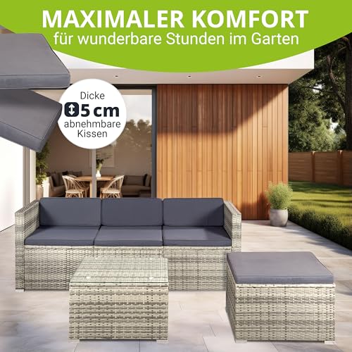 Juskys Polyrattan Lounge Punta Cana M grau-meliert — Gartenlounge Set für 3-4 Personen — Gartenmöbel-Set mit Sofa, Tisch und Hocker – Sitzbezüge in Dunkelgrau - 3