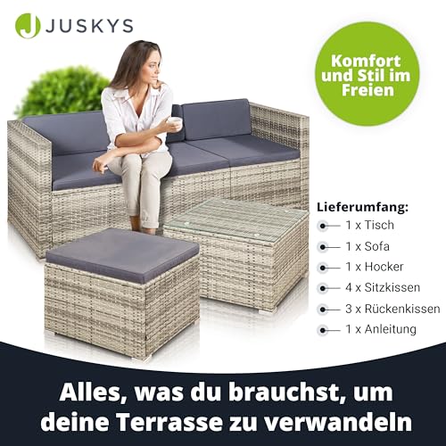 Juskys Polyrattan Lounge Punta Cana M grau-meliert — Gartenlounge Set für 3-4 Personen — Gartenmöbel-Set mit Sofa, Tisch und Hocker – Sitzbezüge in Dunkelgrau - 4