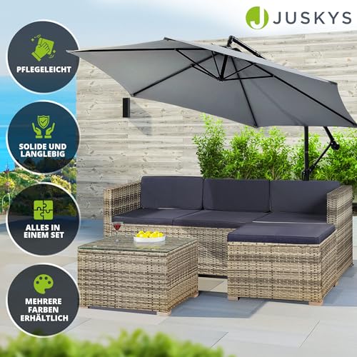 Juskys Polyrattan Lounge Punta Cana M grau-meliert — Gartenlounge Set für 3-4 Personen — Gartenmöbel-Set mit Sofa, Tisch und Hocker – Sitzbezüge in Dunkelgrau - 6