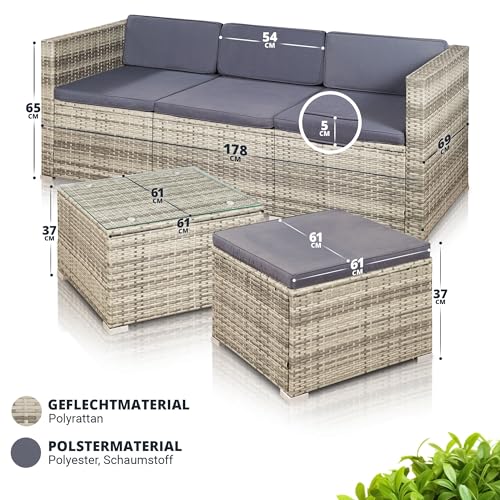 Juskys Polyrattan Lounge Punta Cana M grau-meliert — Gartenlounge Set für 3-4 Personen — Gartenmöbel-Set mit Sofa, Tisch und Hocker – Sitzbezüge in Dunkelgrau - 7