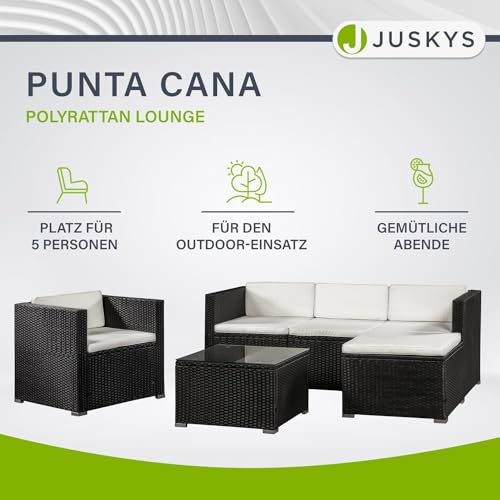 Juskys Polyrattan Lounge Punta Cana L schwarz — Gartenlounge Set für 4-5 Personen — Gartenmöbel-Set mit Sessel, Sofa, Tisch & Hocker – Sitzbezüge in Creme - 6