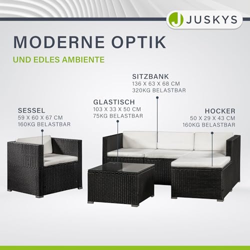 Juskys Polyrattan Lounge Punta Cana L schwarz — Gartenlounge Set für 4-5 Personen — Gartenmöbel-Set mit Sessel, Sofa, Tisch & Hocker – Sitzbezüge in Creme - 7