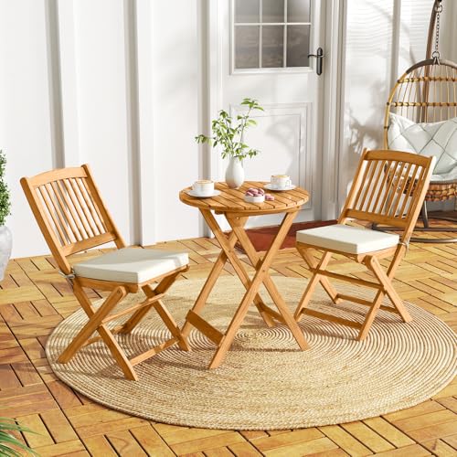 COSTWAY 3-TLG. Klappbares Balkonset Sitzganitur aus Akazienholz und mit Kissen, Gartenmöbel-Set Terrassenset mit rundem Tisch & 2 Stühlen, Garten Sitzgruppe für In & Outdoor - 2