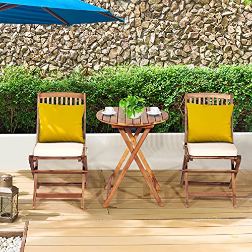 COSTWAY 3-TLG. Klappbares Balkonset Sitzganitur aus Akazienholz und mit Kissen, Gartenmöbel-Set Terrassenset mit rundem Tisch & 2 Stühlen, Garten Sitzgruppe für In & Outdoor - 3
