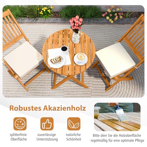 COSTWAY 3-TLG. Klappbares Balkonset Sitzganitur aus Akazienholz und mit Kissen, Gartenmöbel-Set Terrassenset mit rundem Tisch & 2 Stühlen, Garten Sitzgruppe für In & Outdoor - 3