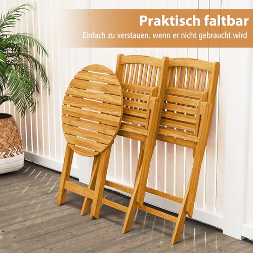 COSTWAY 3-TLG. Klappbares Balkonset Sitzganitur aus Akazienholz und mit Kissen, Gartenmöbel-Set Terrassenset mit rundem Tisch & 2 Stühlen, Garten Sitzgruppe für In & Outdoor - 4