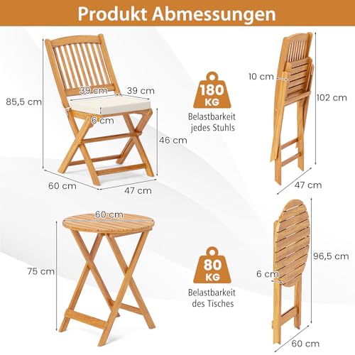 COSTWAY 3-TLG. Klappbares Balkonset Sitzganitur aus Akazienholz und mit Kissen, Gartenmöbel-Set Terrassenset mit rundem Tisch & 2 Stühlen, Garten Sitzgruppe für In & Outdoor - 5