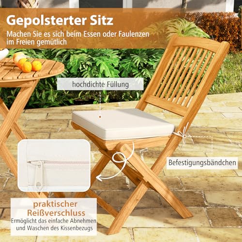 COSTWAY 3-TLG. Klappbares Balkonset Sitzganitur aus Akazienholz und mit Kissen, Gartenmöbel-Set Terrassenset mit rundem Tisch & 2 Stühlen, Garten Sitzgruppe für In & Outdoor - 7