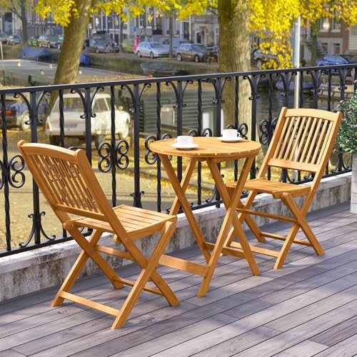 COSTWAY 3-TLG. Klappbares Balkonset Sitzganitur aus Akazienholz und mit Kissen, Gartenmöbel-Set Terrassenset mit rundem Tisch & 2 Stühlen, Garten Sitzgruppe für In & Outdoor - 9